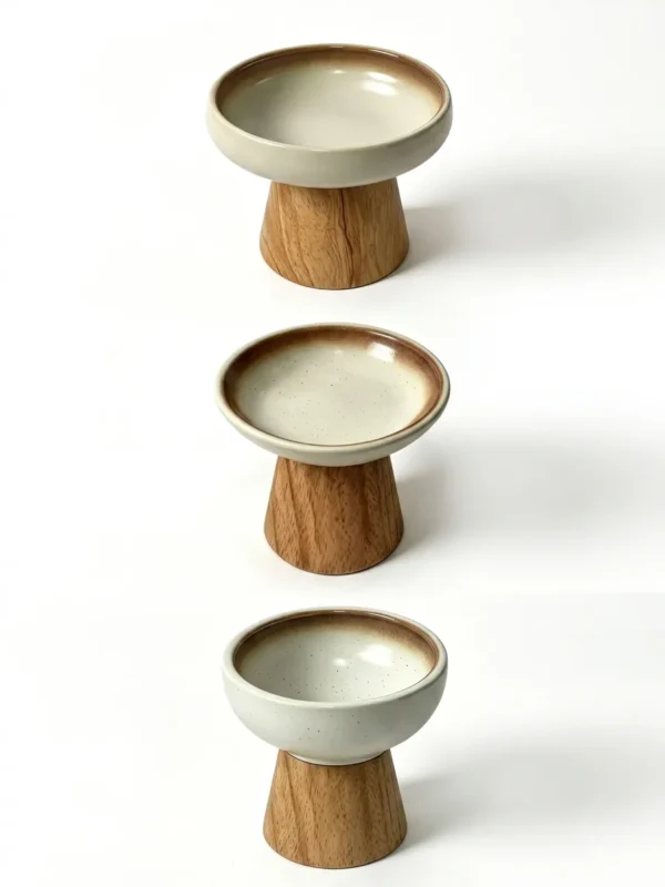 Ceramic bowl with oak base, suitable for both cats and dogs