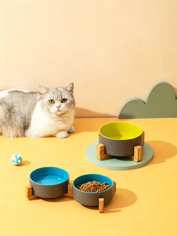 Ceramic Wooden Frame Pet Premium Food and Water Bowl 13.5-28.7oz