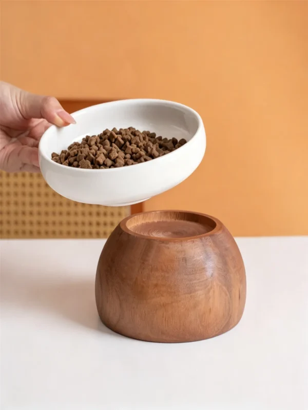 Ceramic Solid Wood Base Pet Bowl 15oz