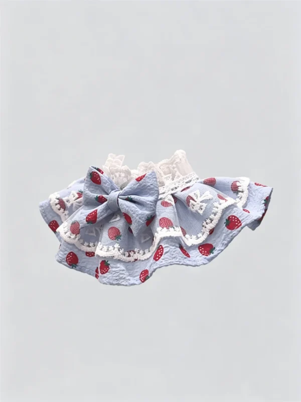 Cute Pastel Blue Strawberry Lace Ruffled Kitten Collar Bib
