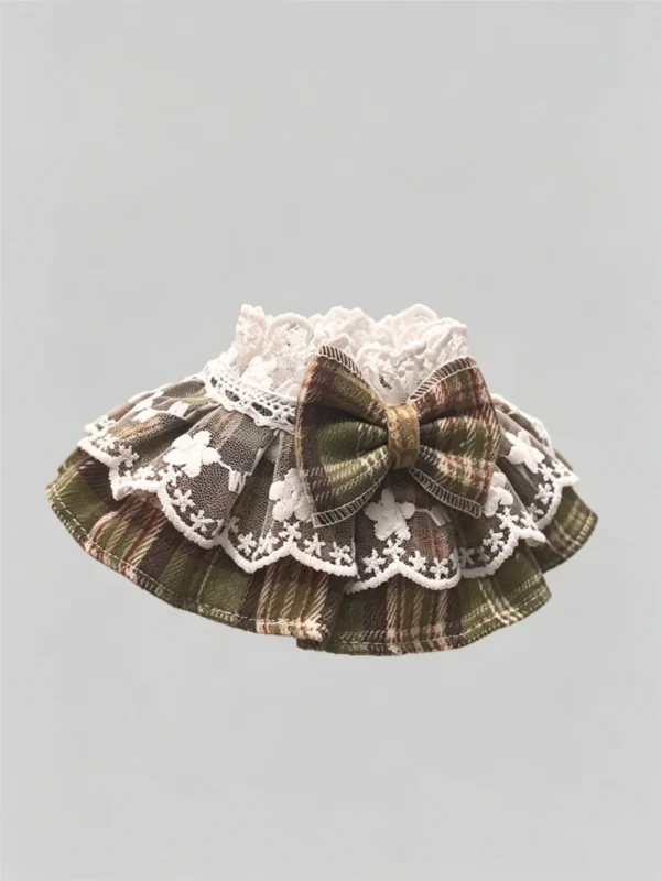 Cat collar, lace, bow, neck warmer, scarf, decoration, pet (5) Retro Forest Tartan Lace Ruffled Kitten Collar Bib