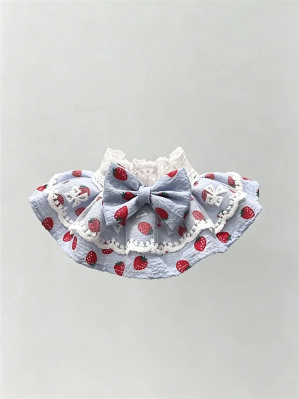 Cute Pastel Blue Strawberry Lace Ruffled Kitten Collar Bib