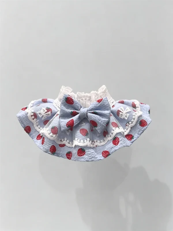 Cute Pastel Blue Strawberry Lace Ruffled Kitten Collar Bib