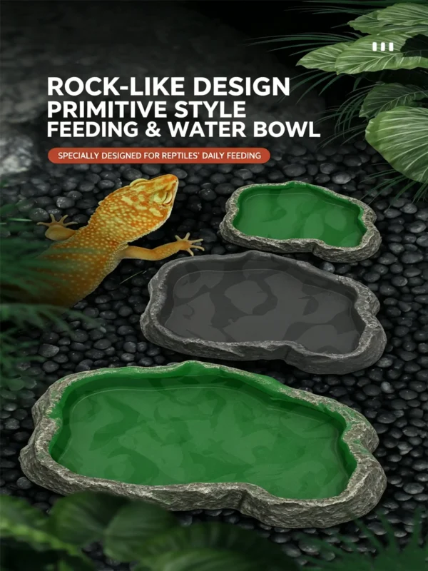 Reptile water dish, rock reptile food bowl, gecko feeding tray, turtle soaking dish, terrarium dual-use basin, reptile habitat bowl (4) Artificial Rock Water Bowl - Antibacterial Feeding & Bathing Dish for Reptiles