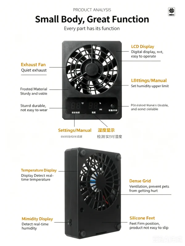 Smart reptile terrarium fan, humidity controlled ventilation fan, reptile tank cooling fan, digital temp humidity exhaust fan, vivarium circulation ventilator, reptile fog removal fan (4) Smart Reptile Terrarium Fan - Auto Humidity & Temperature Control Ventilator
