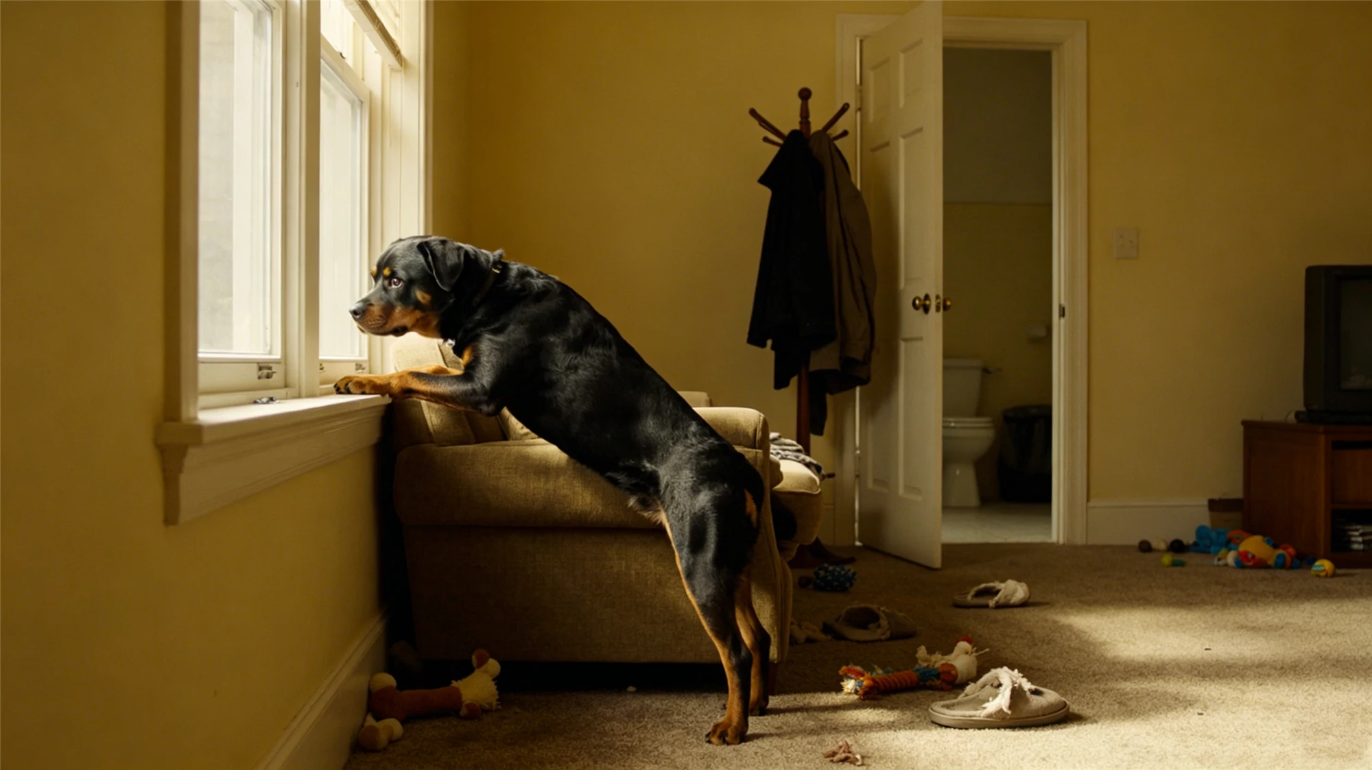 Rottweiler dog looking out window waiting for owner