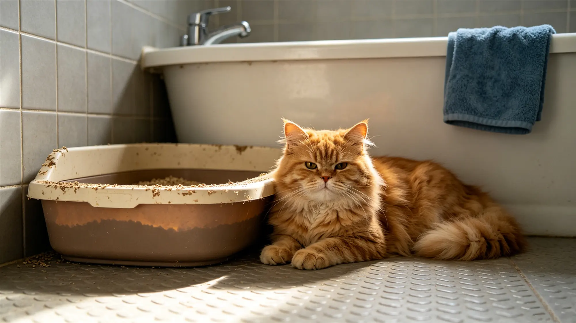 Orange Persian cat sitting next to litter box in bathroom