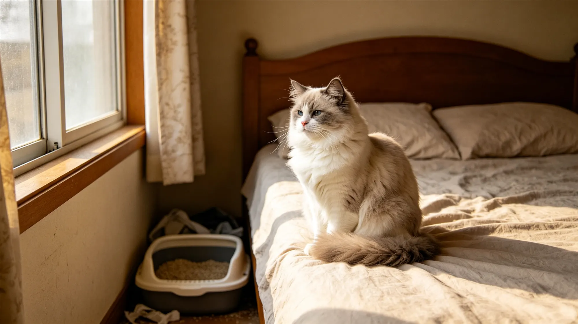 Ragdoll cat sitting on bed near window avoiding litter box