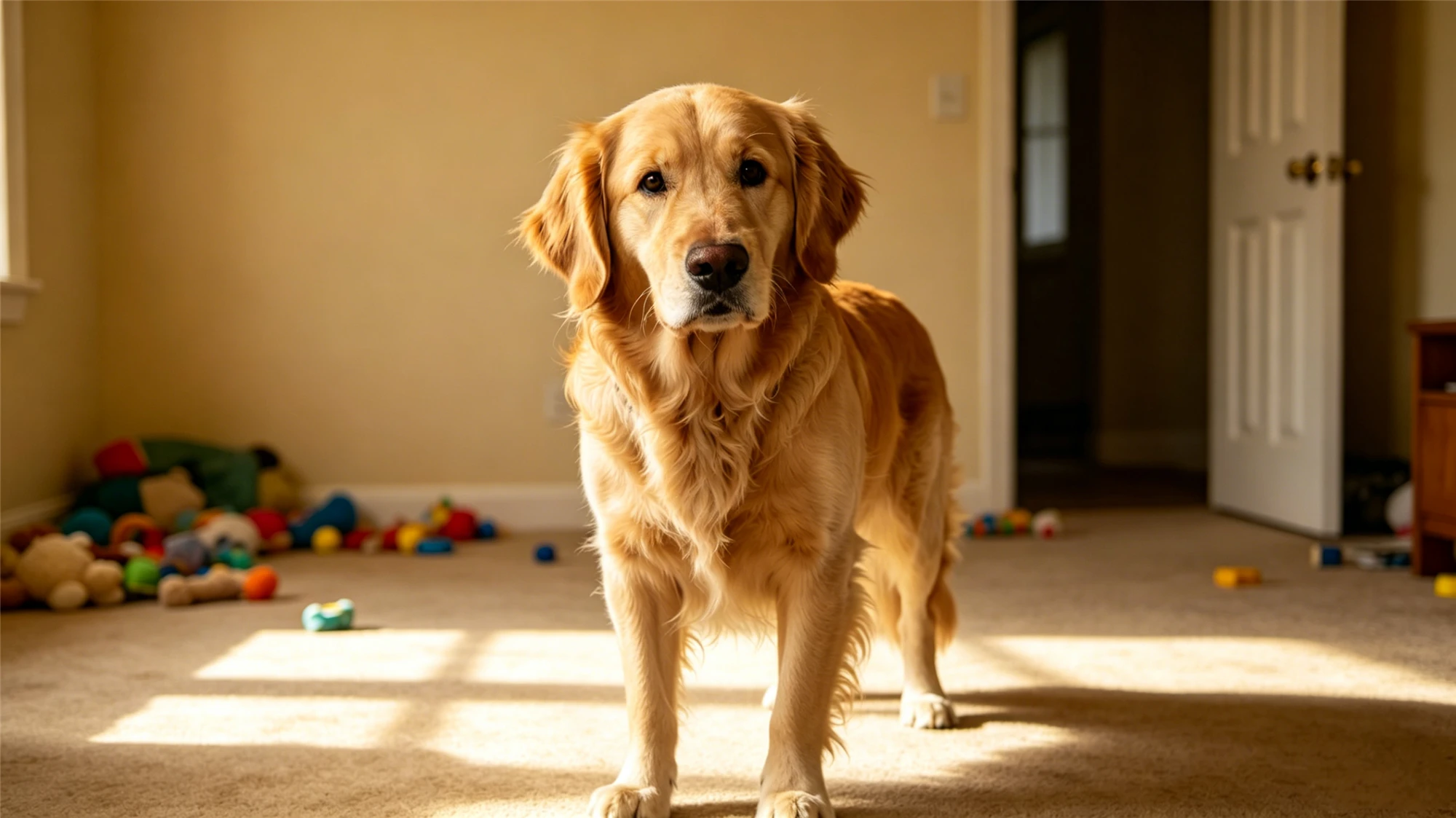 Golden Retriever standing alert in living room surrounded by colorful toys