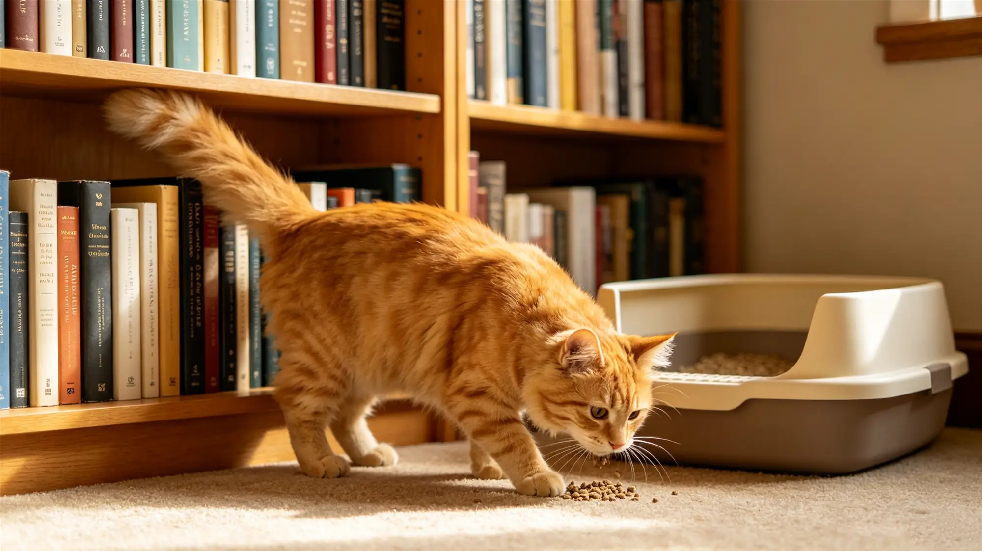 Orange tabby cat exploring carpet near bookshelf and litter box
