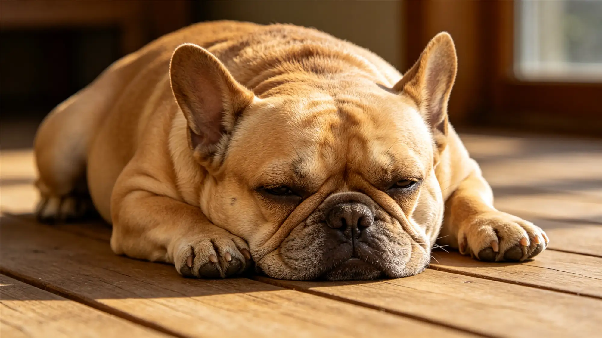 Tired overweight French bulldog lying on wooden floor in hot weather