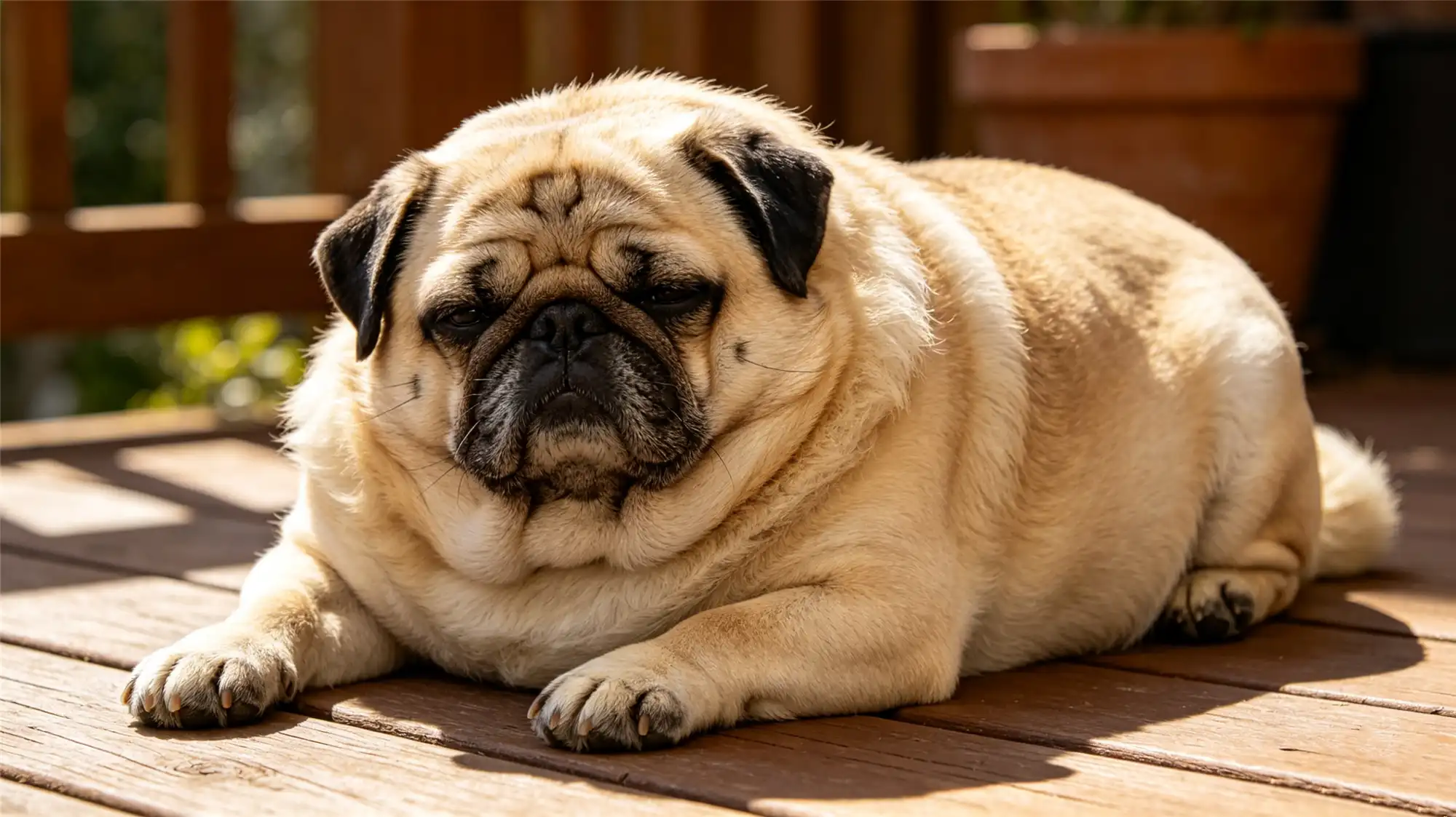 Obese pug dog struggling with heat on outdoor wooden deck