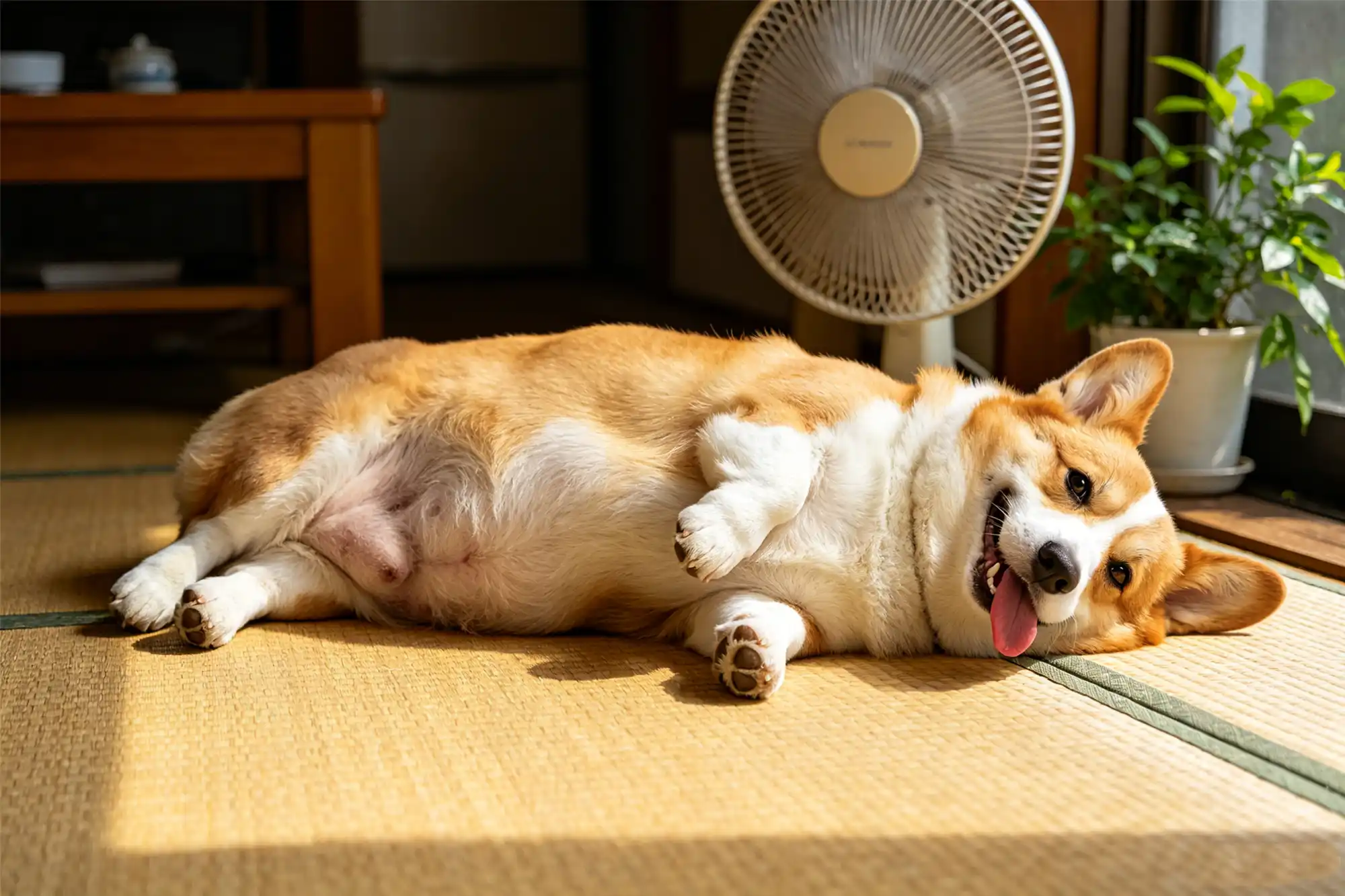 Overweight corgi cooling off in front of electric fan on hot summer day