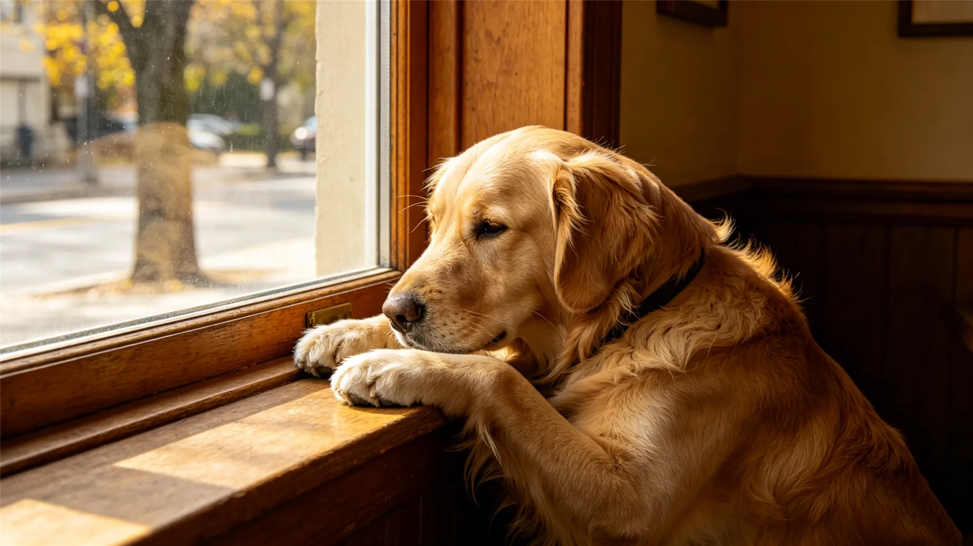 Golden Retriever resting head on window sill looking outside