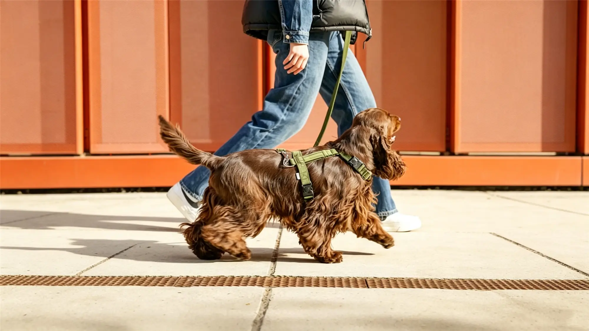 Brown cocker spaniel walking on city sidewalk with green harness and leash