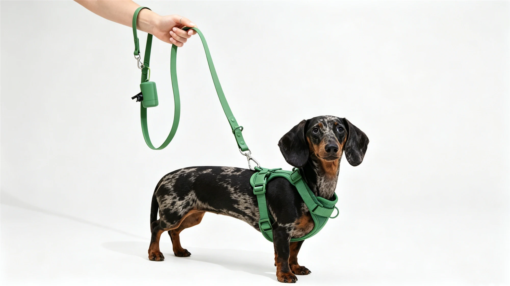 Dachshund wearing green padded harness with matching leather leash
