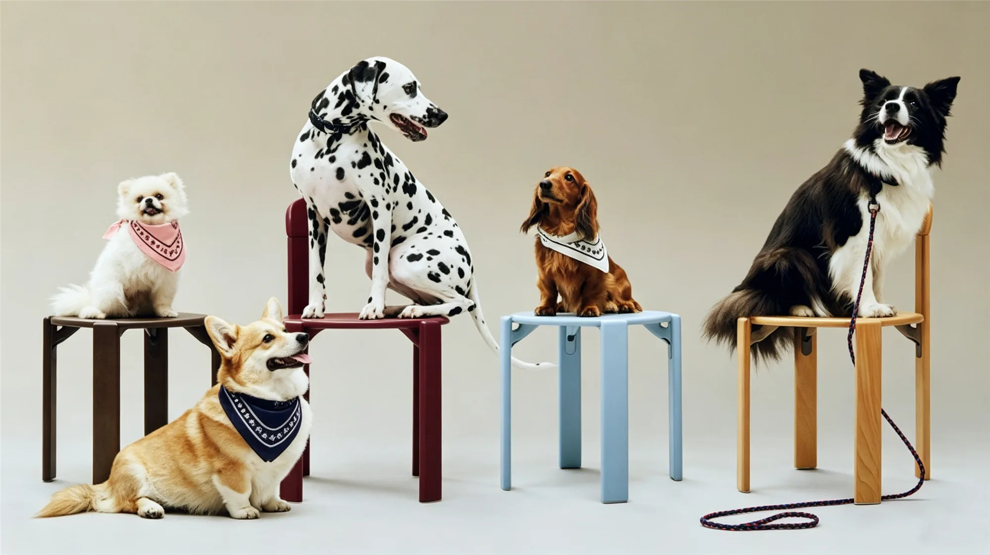 Five different dog breeds sitting on colorful chairs showing various pet accessories