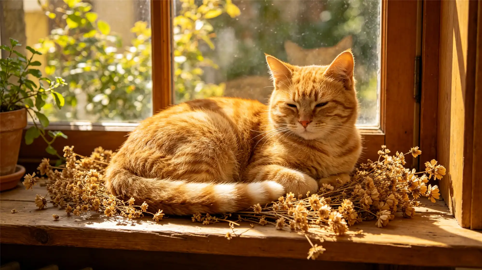 Orange tabby cat relaxing on sunny windowsill with dried flowers
