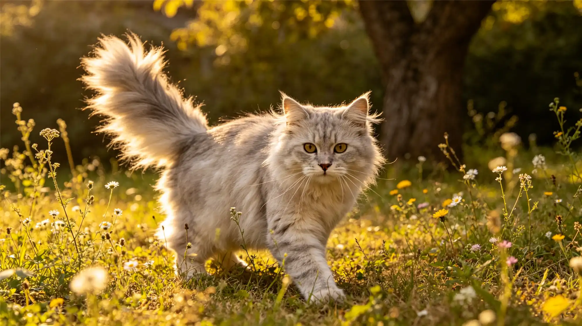 Long-haired silver cat walking confidently through sunlit meadow