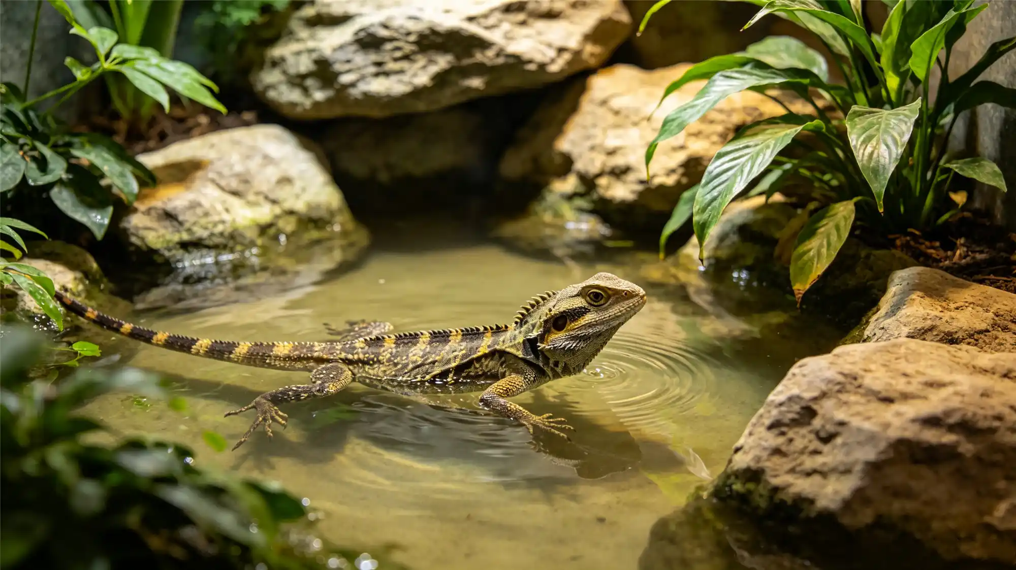Water dragon swimming in naturalistic enclosure with rocks and plants