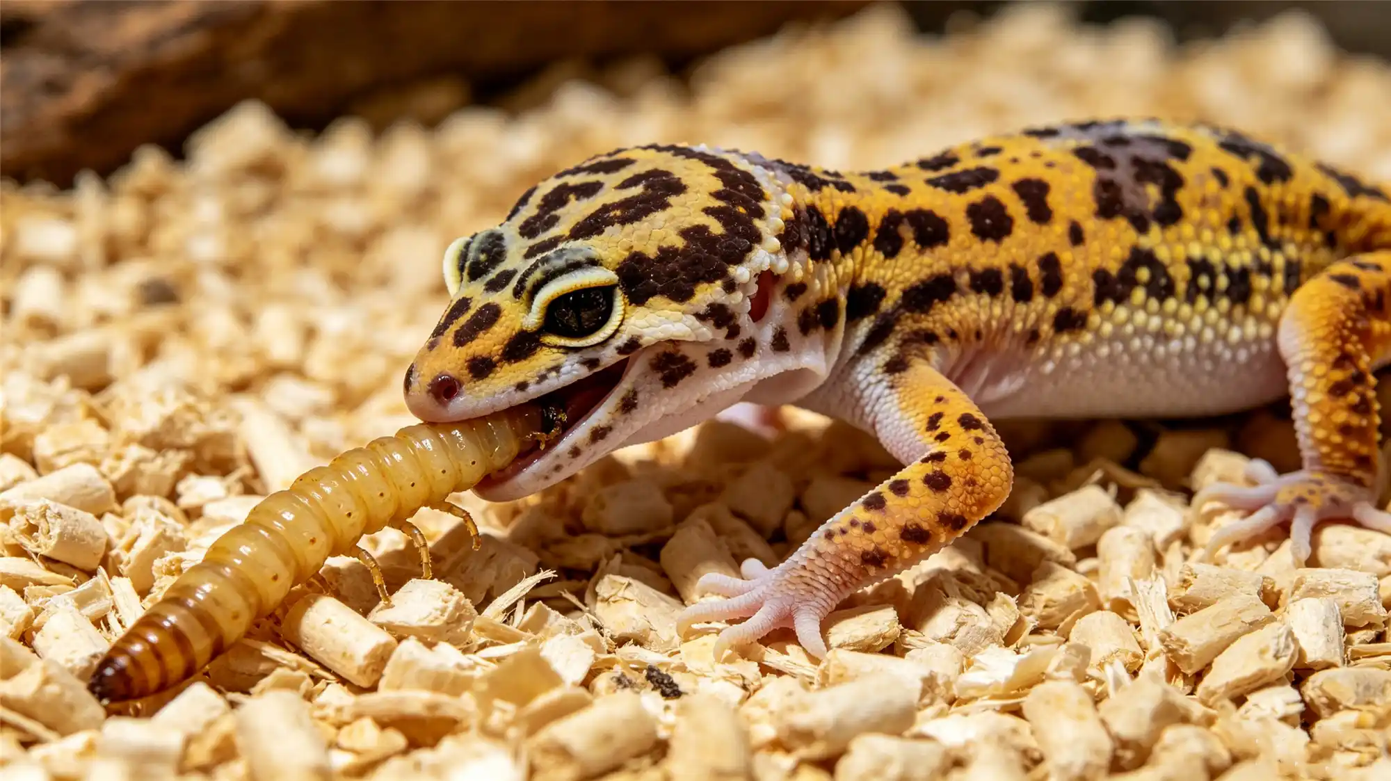 Leopard gecko eating mealworm on wood chip substrate
