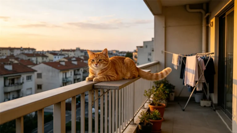 Cat balancing on narrow railing demonstrating feline equilibrium and lack of fear of heights