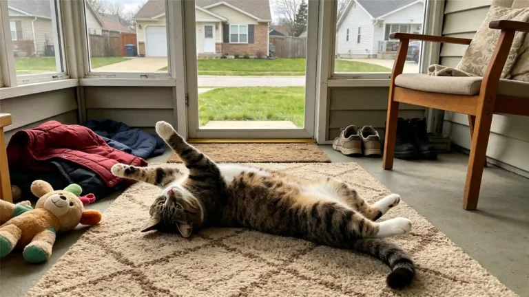 Domestic tabby cat sleeping lazily on a comfortable sofa indoors
