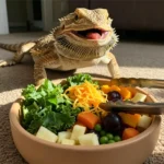 Adult bearded dragon eating a healthy vegetable salad bowl with collard greens and butternut squash