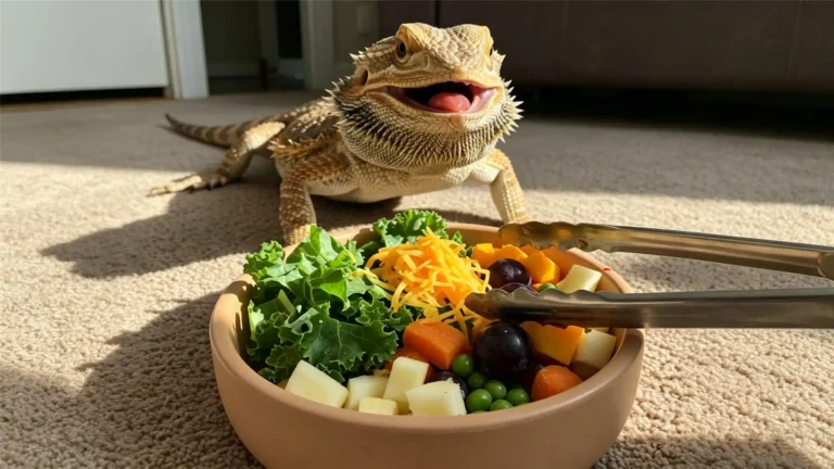 Adult bearded dragon eating a healthy vegetable salad bowl with collard greens and butternut squash
