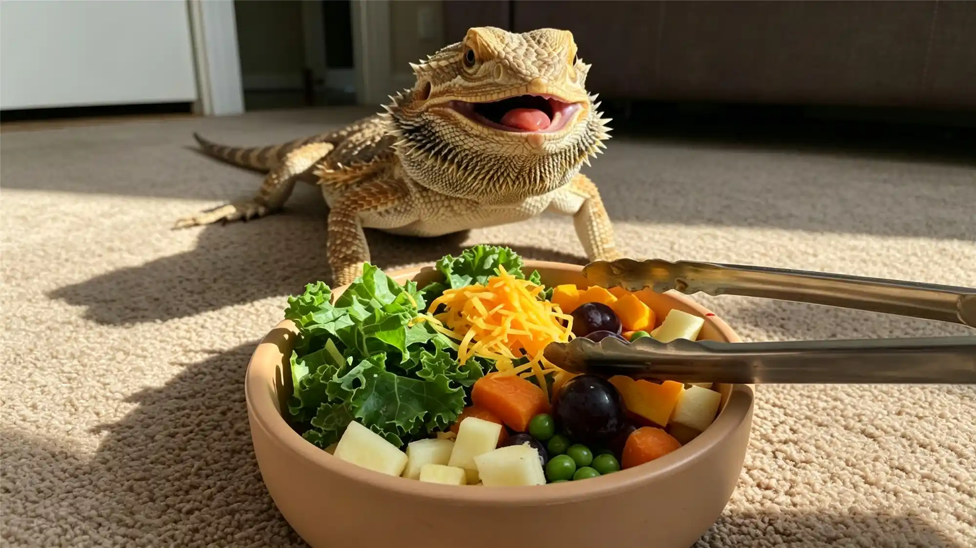 Adult bearded dragon eating a healthy vegetable salad bowl with collard greens and butternut squash