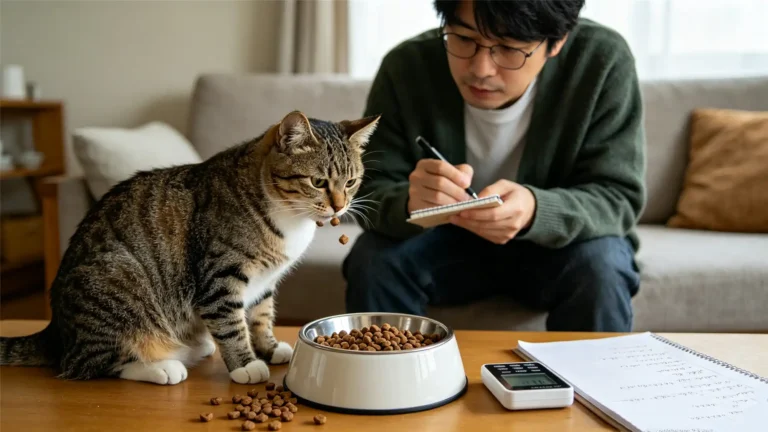 Tabby cat sniffing food bowl to show picky eating habits and finicky feline behavior