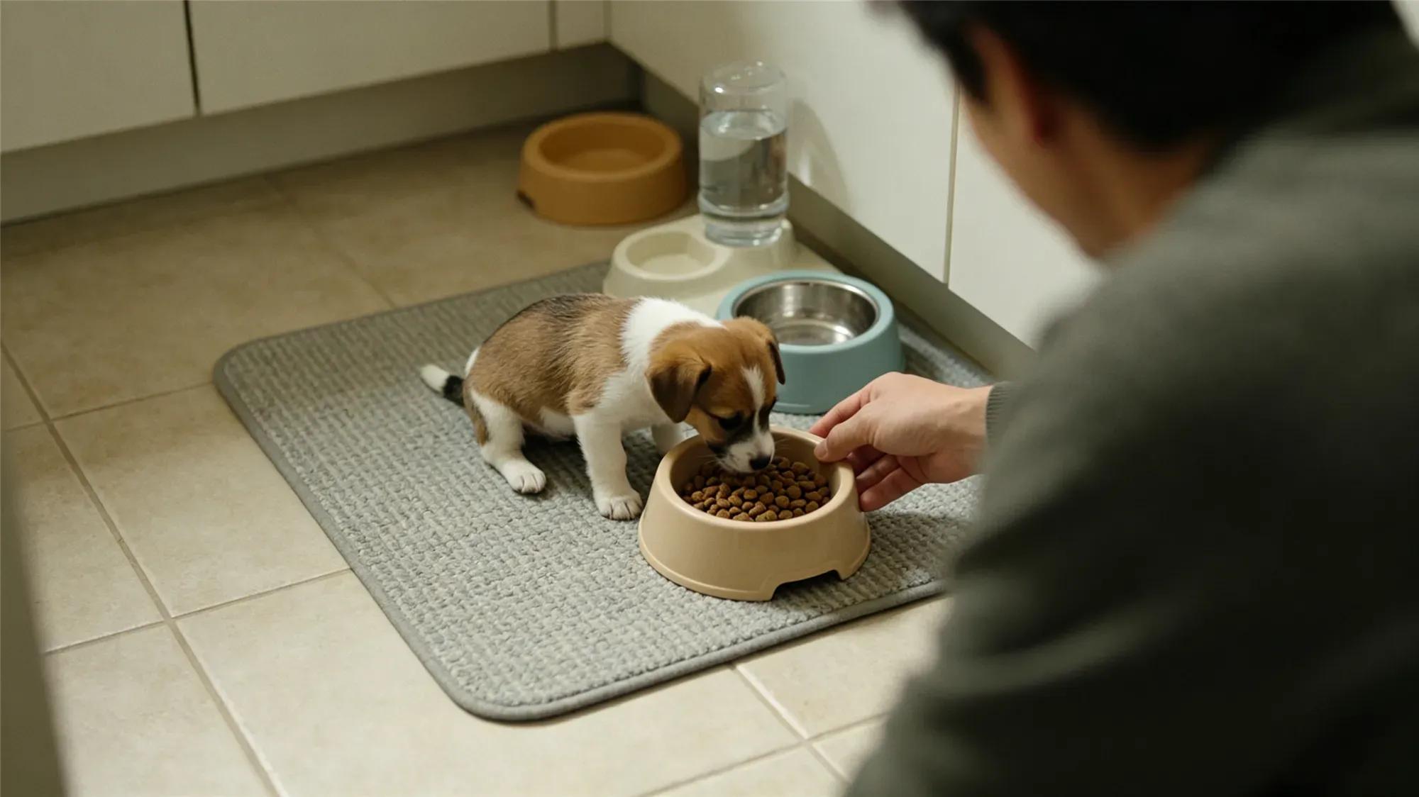 Healthy puppy eating balanced meal from a bowl - Puppy nutrition guide