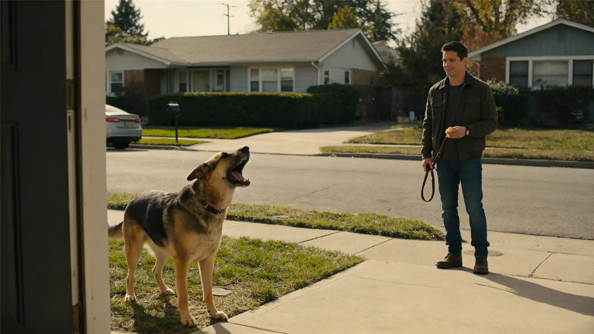 Dog training session teaching the quiet command to stop excessive barking outdoors
