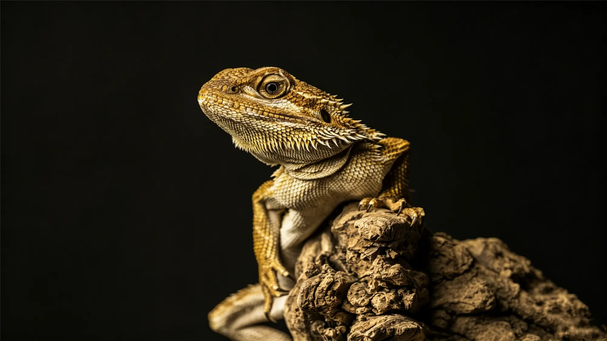 Golden bearded dragon basking under heat lamp on driftwood