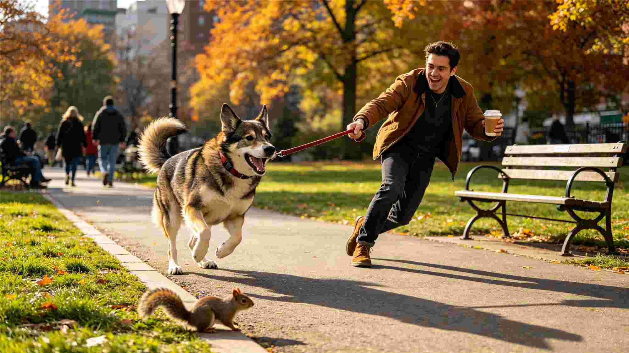 Excited dog pulling on leash chasing squirrel in city park