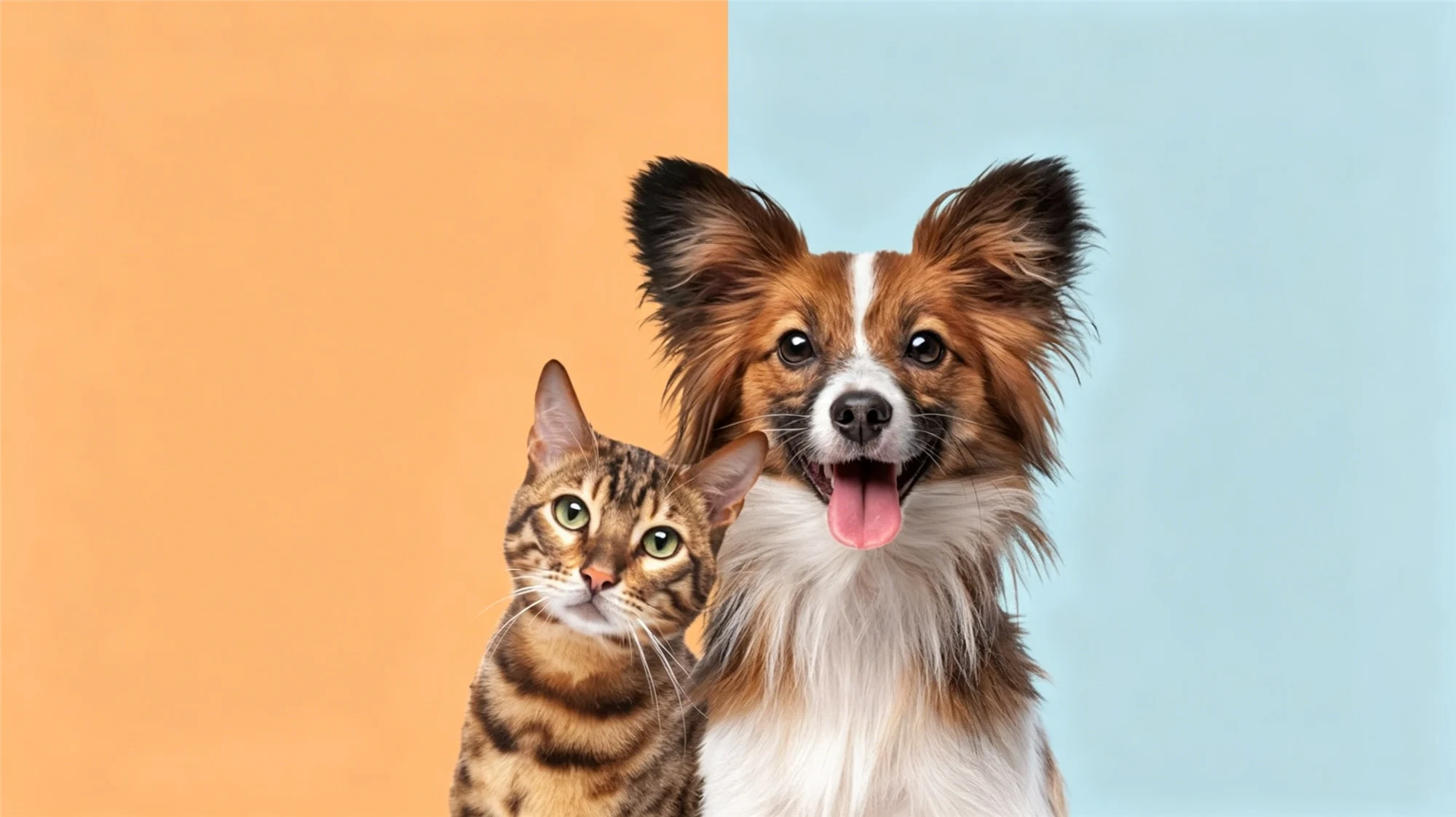Tabby cat and Papillon dog posing together against split orange and blue background