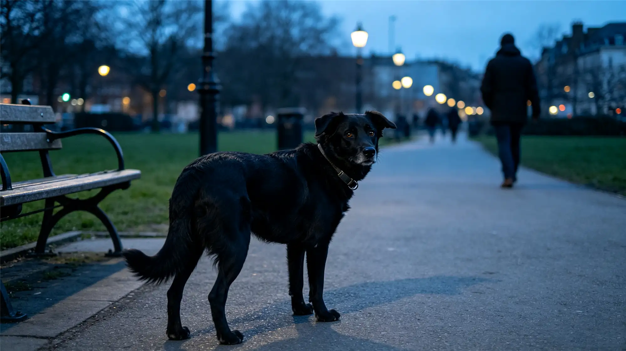 Black dog standing on park pathway at dusk using scent to navigate home