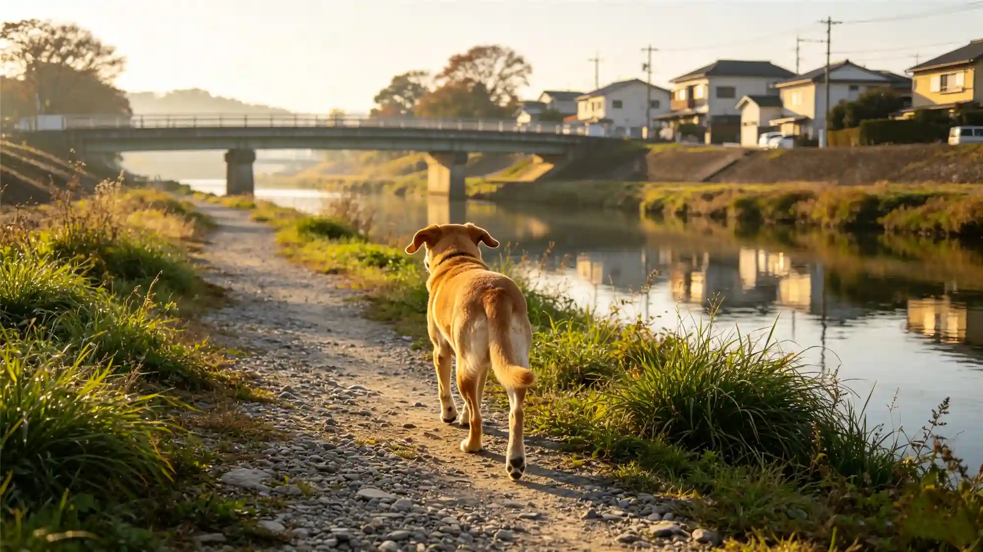 Golden retriever walking on riverside path toward distant homes using memory to find direction