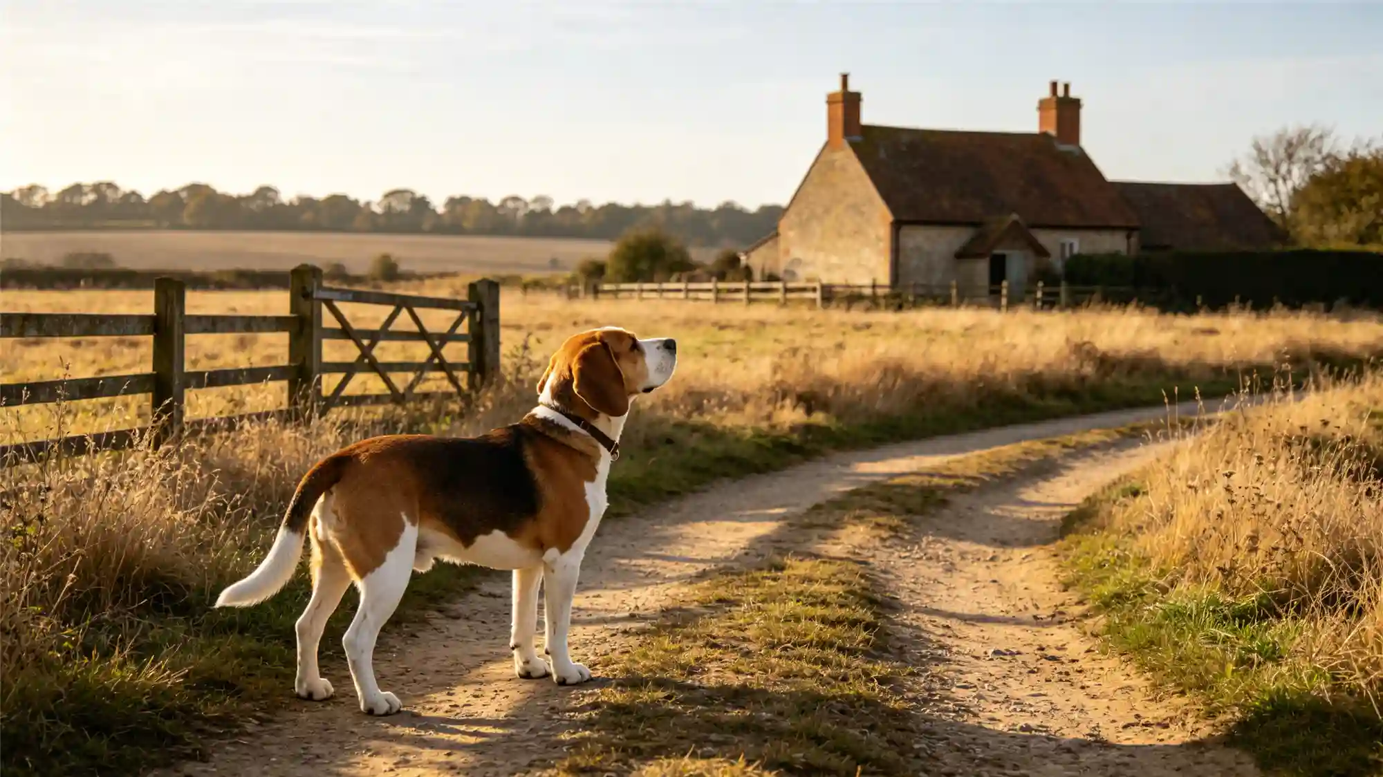 Beagle standing on rural path looking toward farmhouse in distance demonstrating spatial awareness