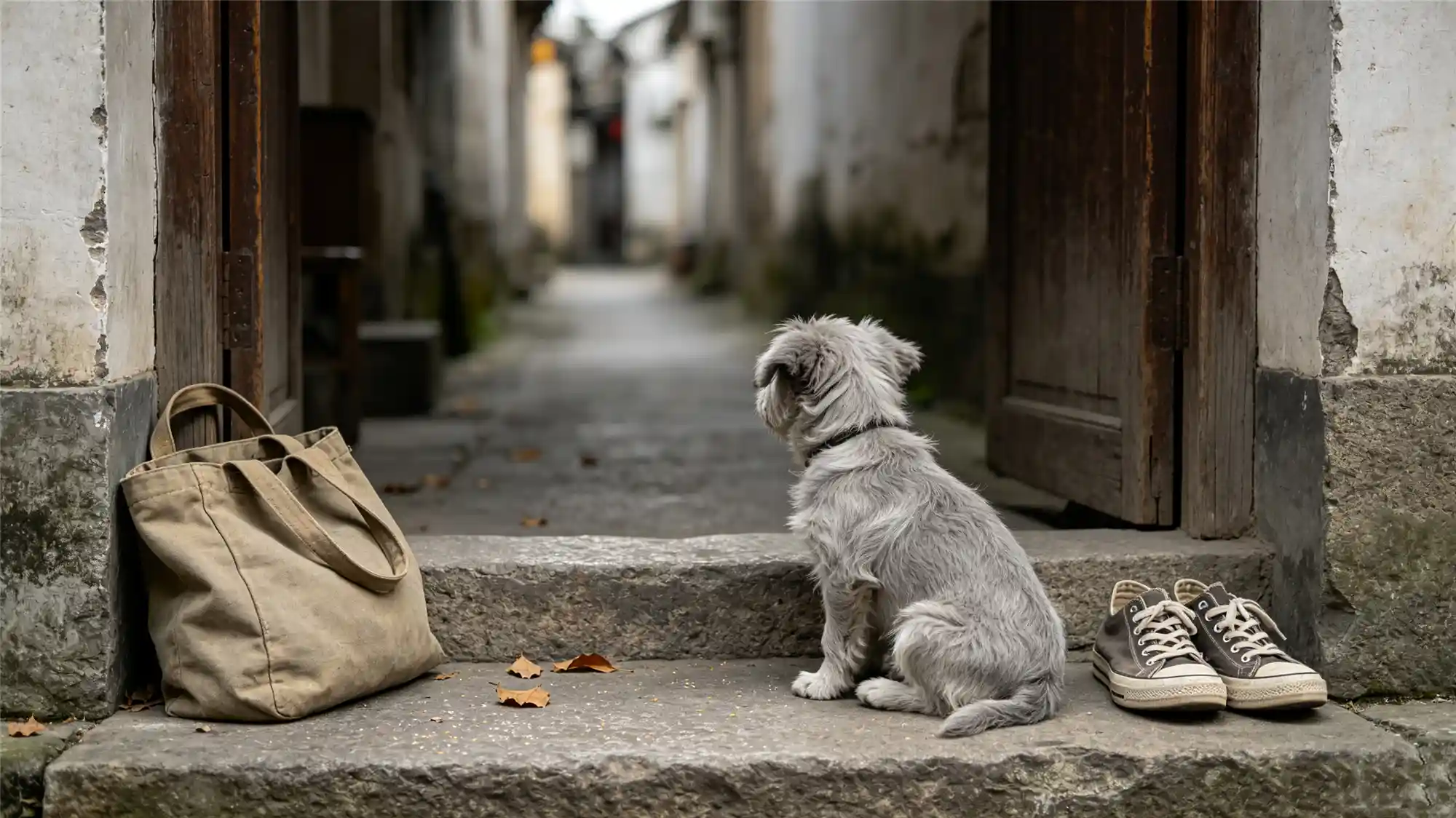 Small gray dog sitting on stone doorstep waiting safely at home