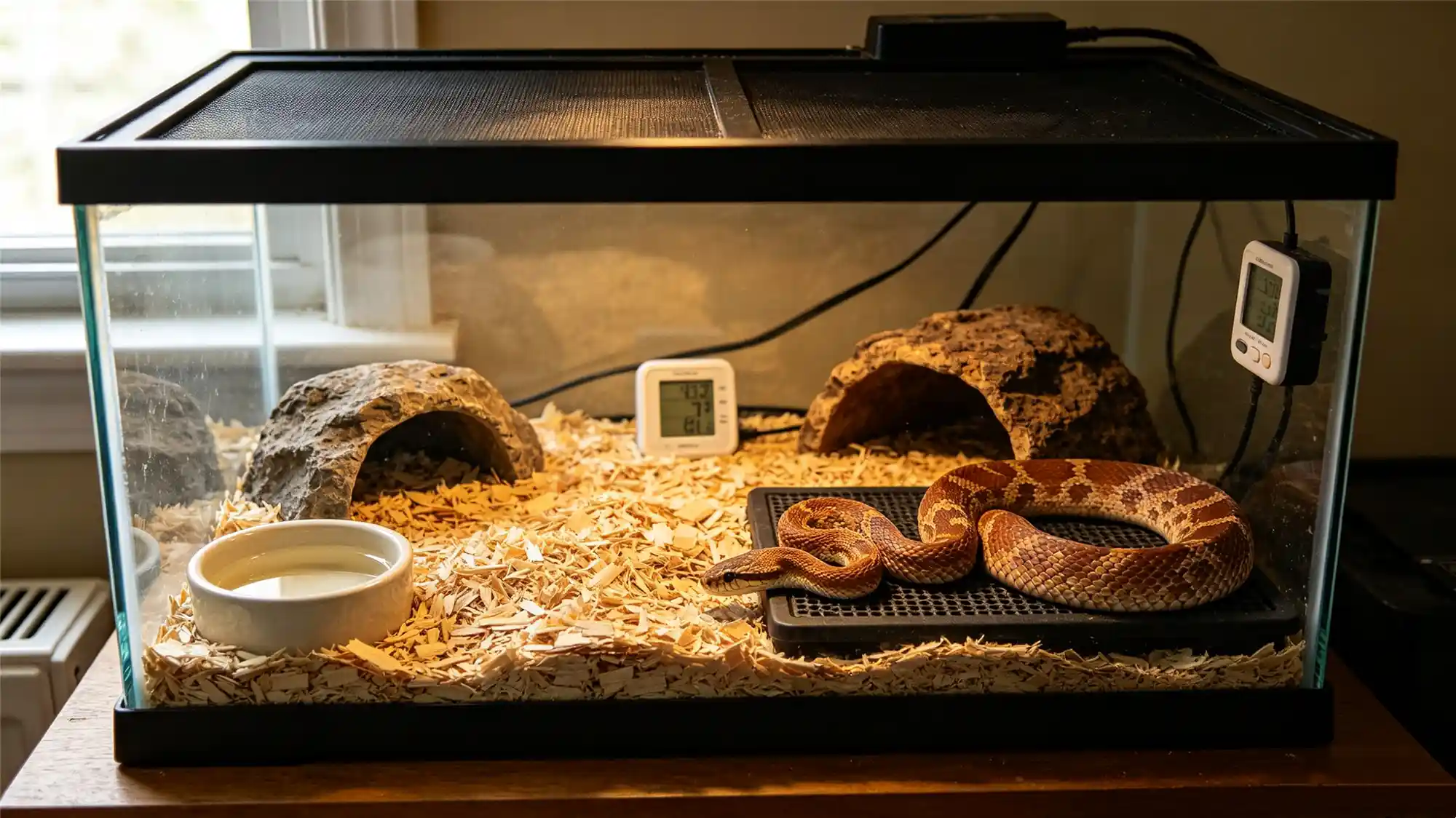 Corn snake in well-equipped glass terrarium with heating pad hide box and digital thermometer