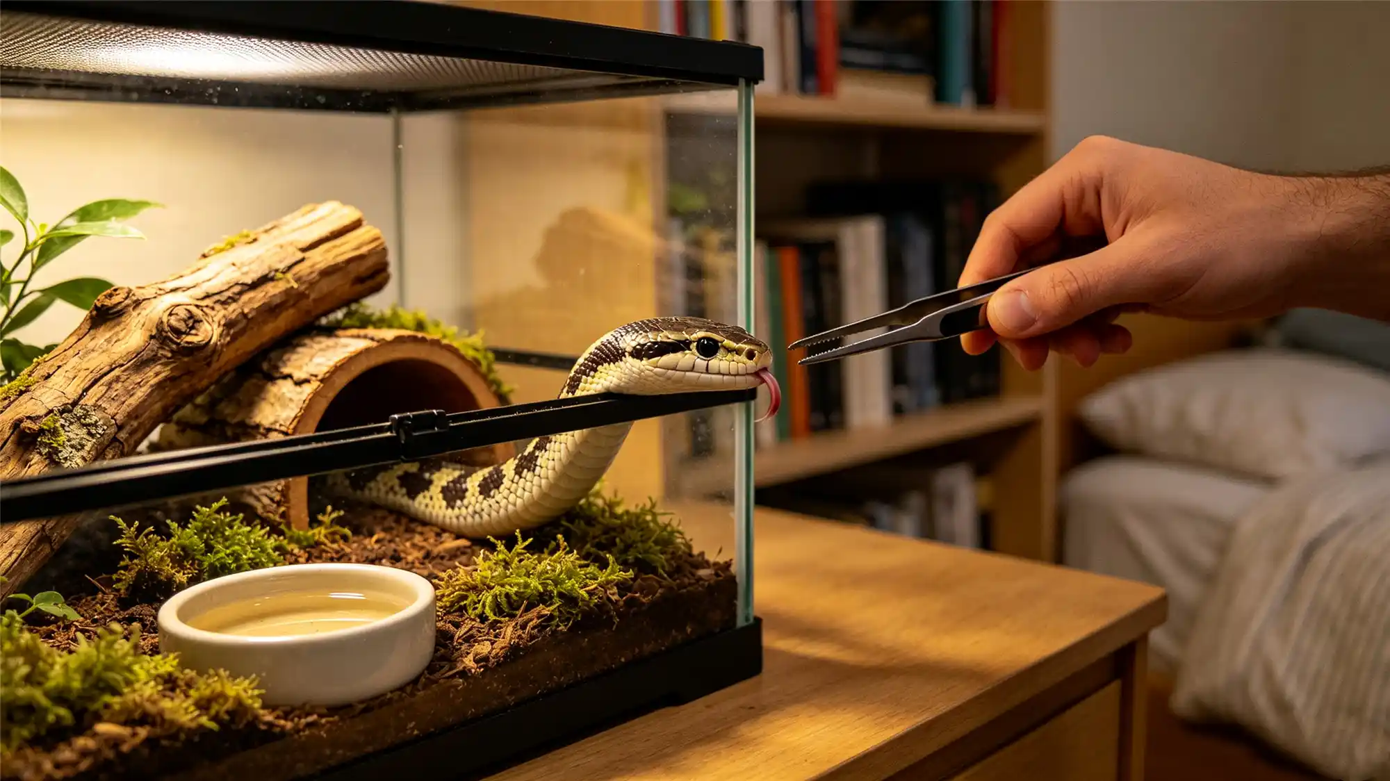 Owner feeding snake with tongs in home terrarium showing safe feeding interaction