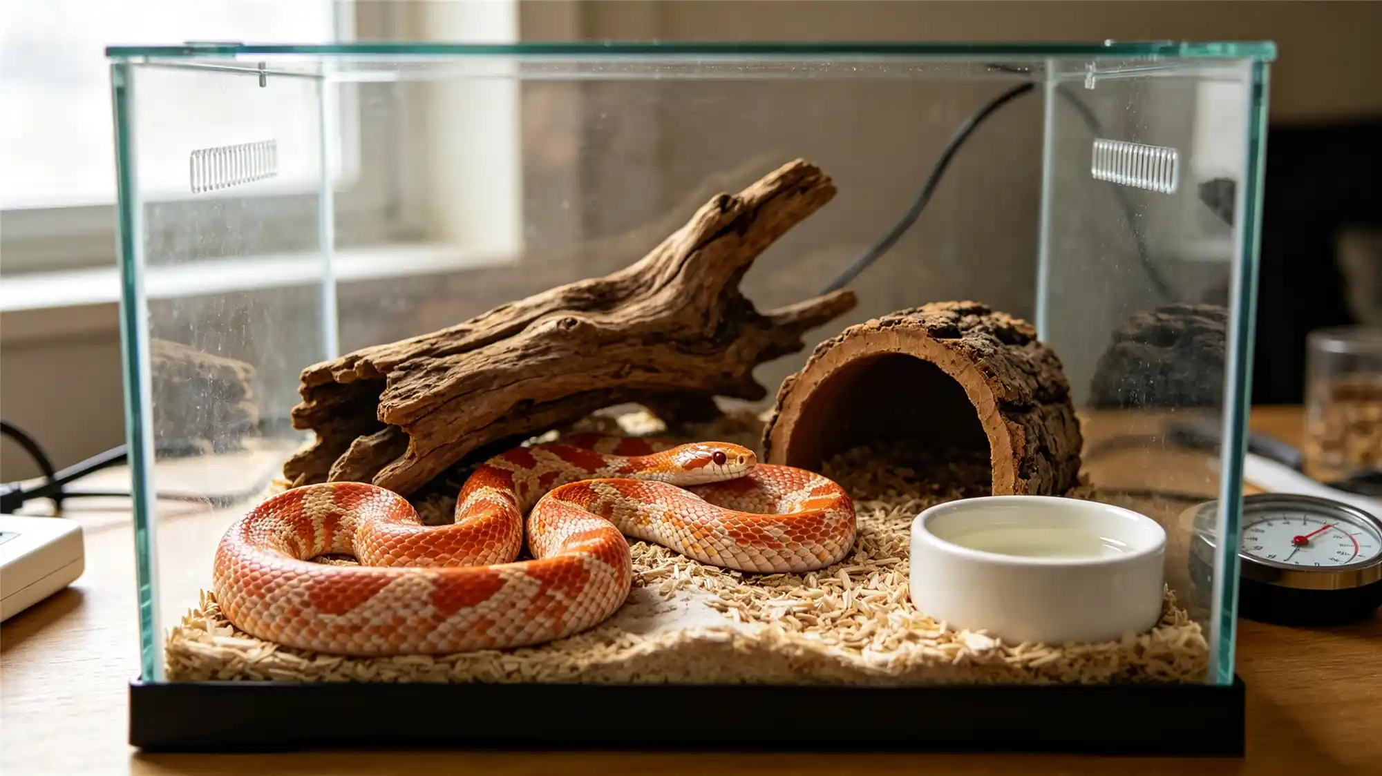 Red and orange corn snake resting in naturalistic terrarium setup with cork bark hide