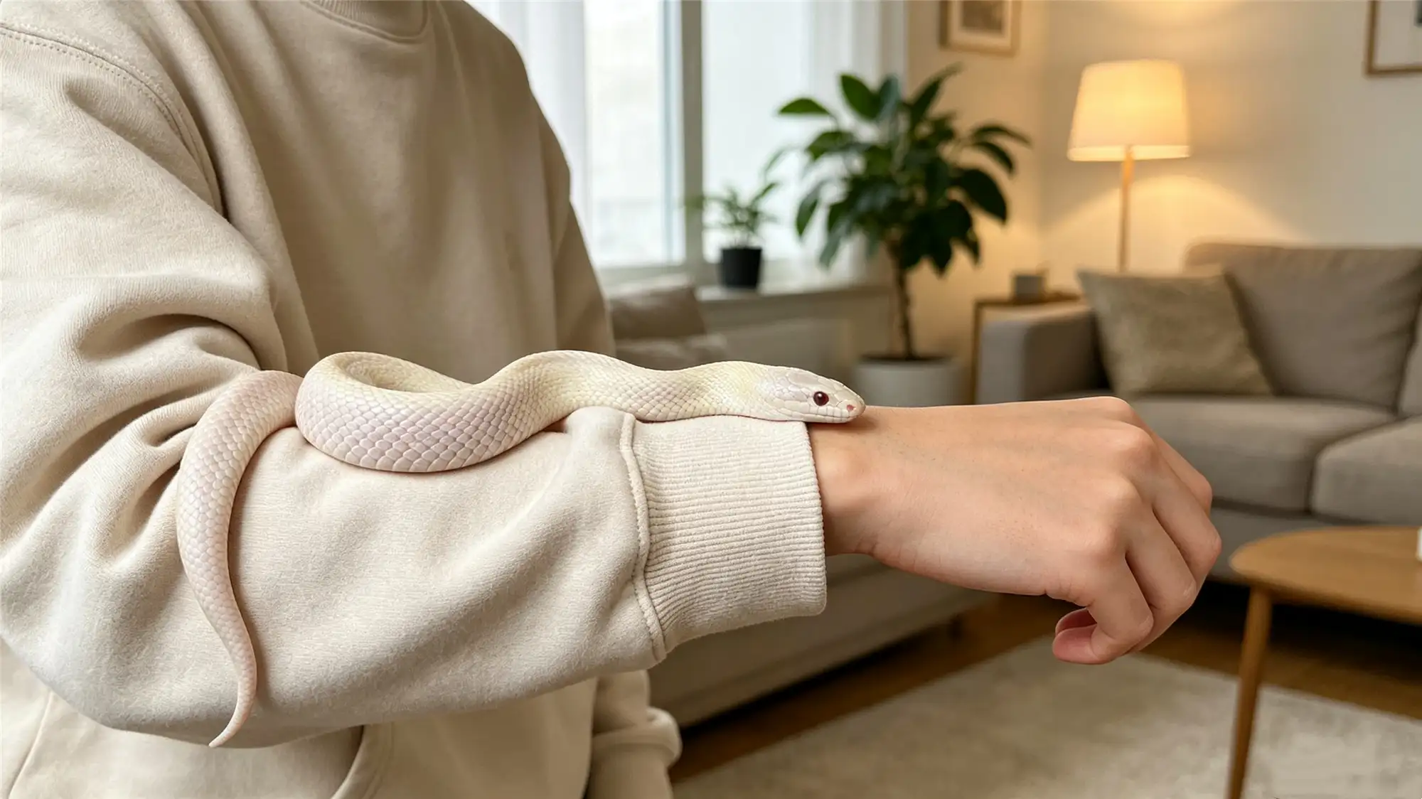 White pet snake calmly wrapped around owner's arm in living room showing bond between handler and reptile