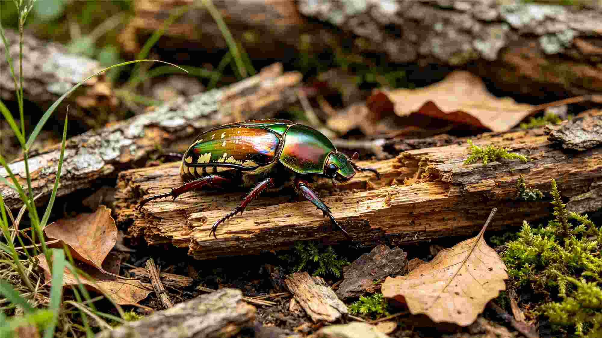 Iridescent beetle on forest floor showing natural habitat diversity