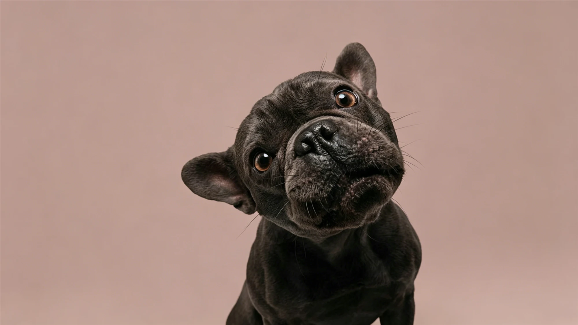 Curious black French Bulldog tilting head against beige background