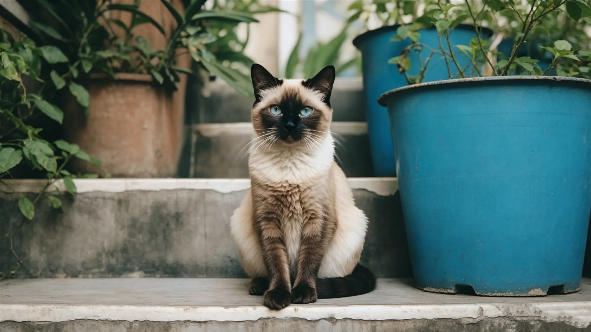 Siamese cat sitting outdoors near blue plant pots