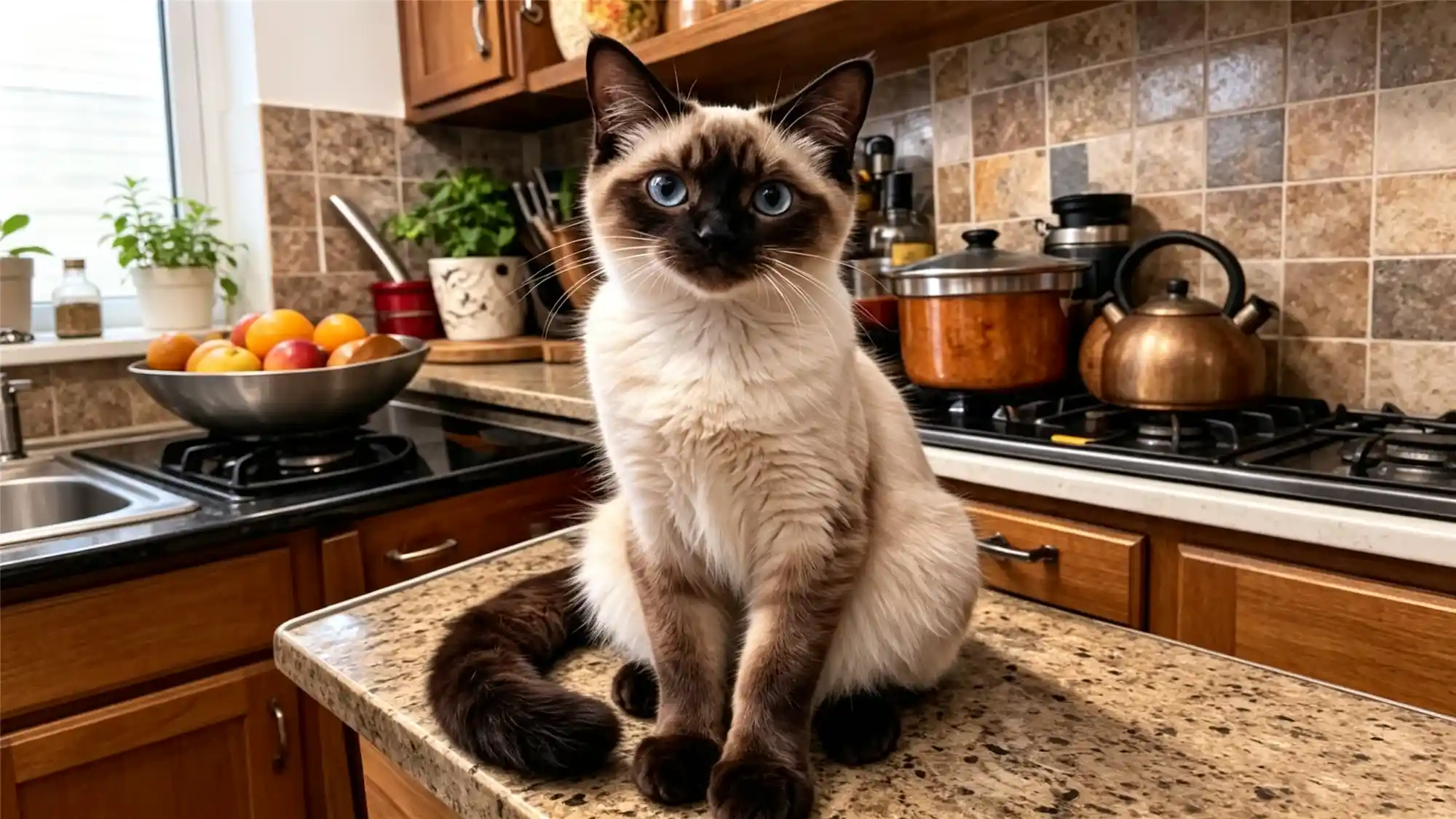 Siamese cat sitting on kitchen counter near fruit bowl