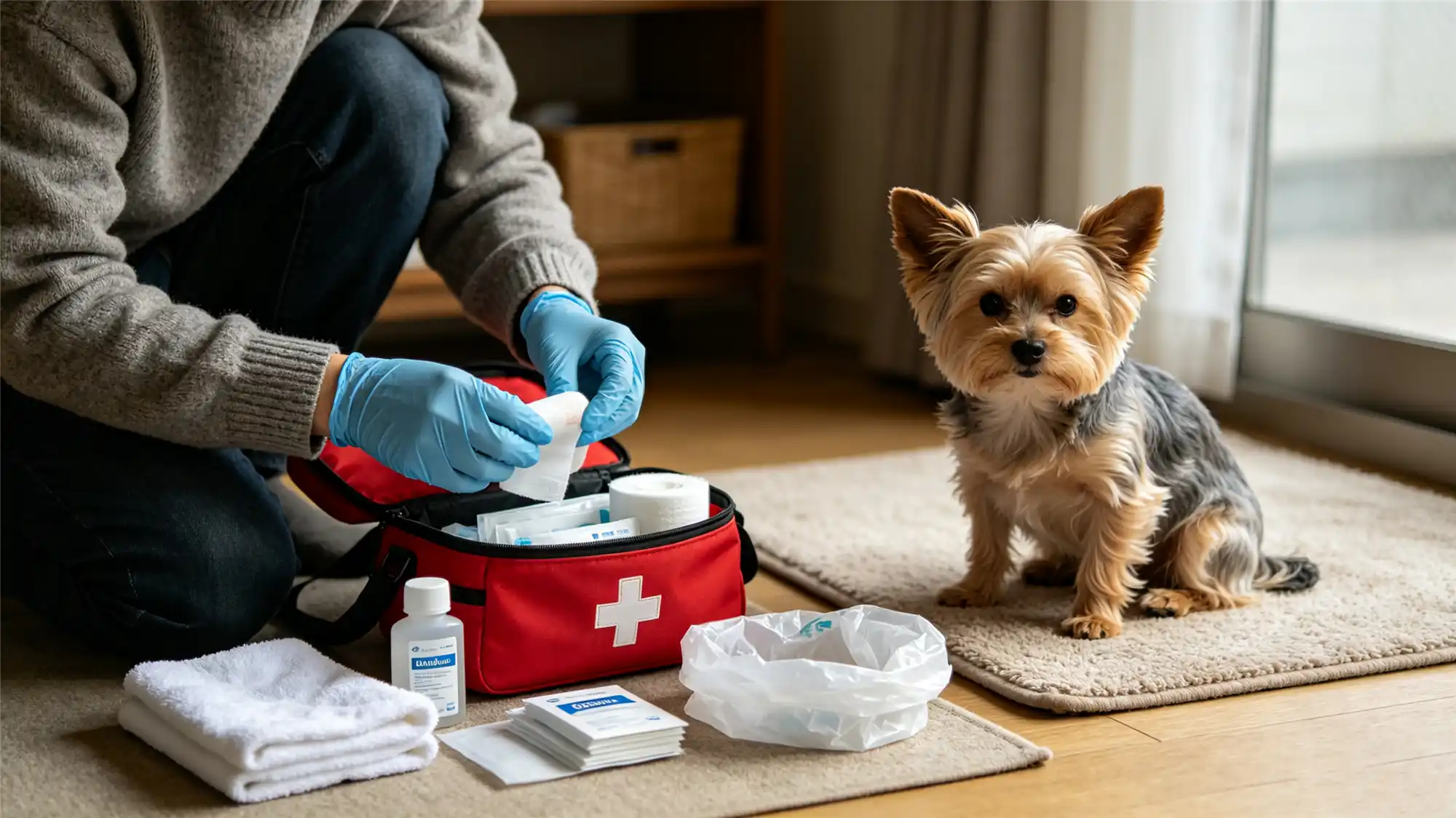 Person wearing blue nitrile gloves preparing first aid supplies from red medical kit with Yorkshire Terrier watching