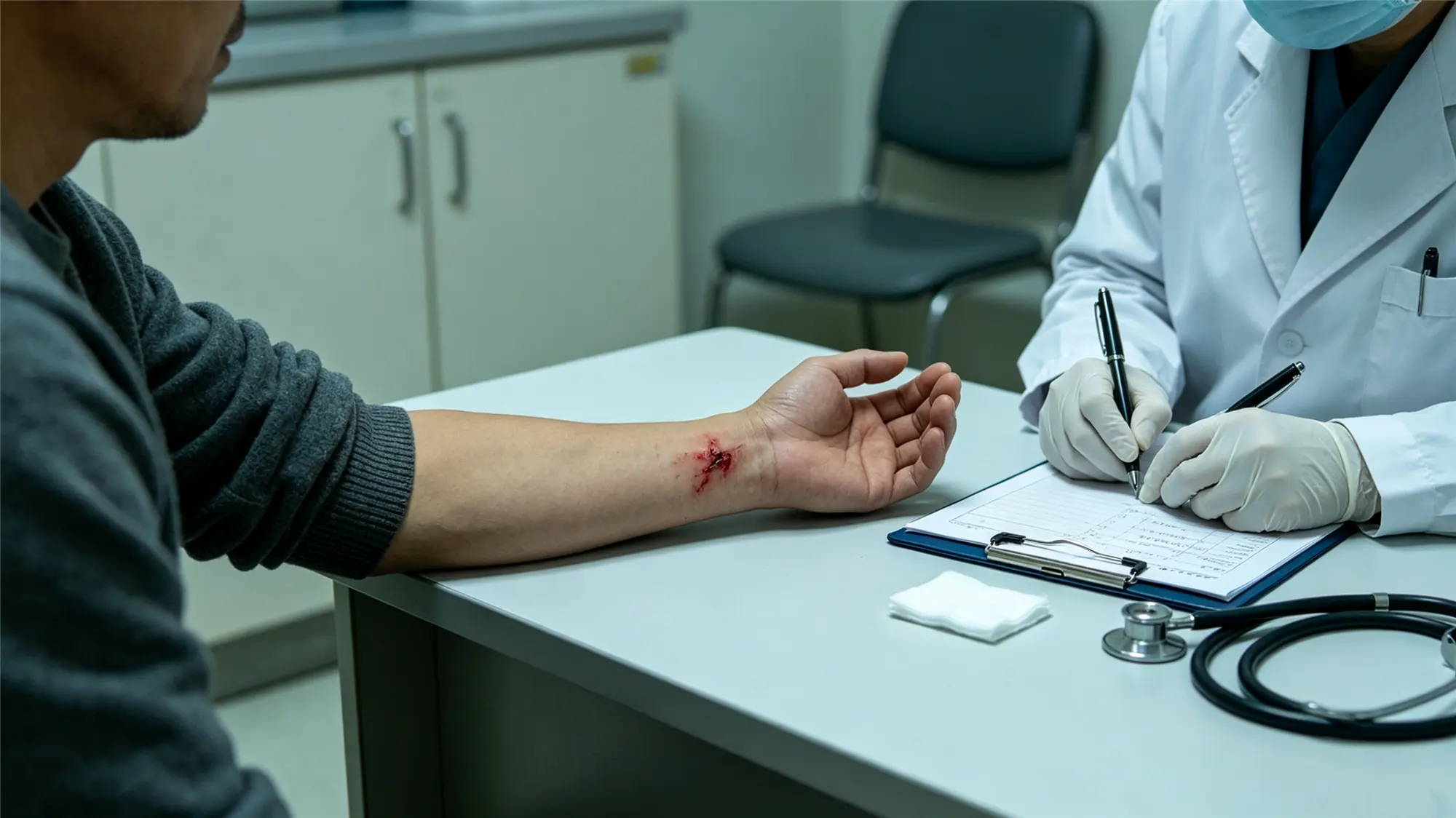 Doctor examining severe bite wound on patient forearm in medical examination room
